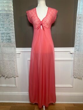 Vintage 70s John Kloss Beau Monde Lingerie Pink Lace Nylon Maxi Nightgown M USA